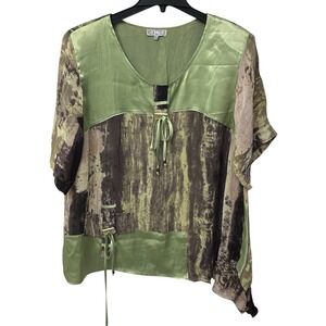 Miss Dalida Paris Abstract Print‎ Blouse Women's Size 5 (XL) Bat Wing Satin Trim